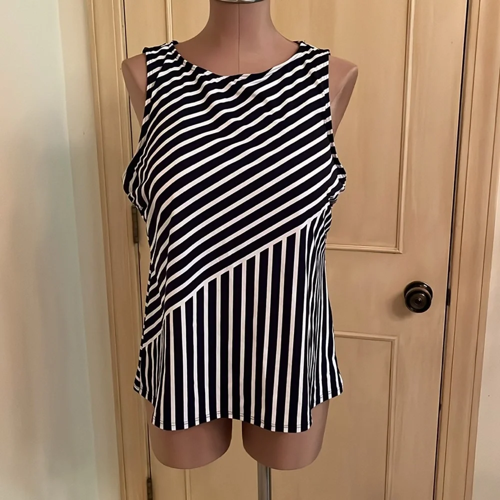 LAND'S END Navy/WHT Stripe High Neck Modest/Full Coverage Tankini Swim Top 16DD